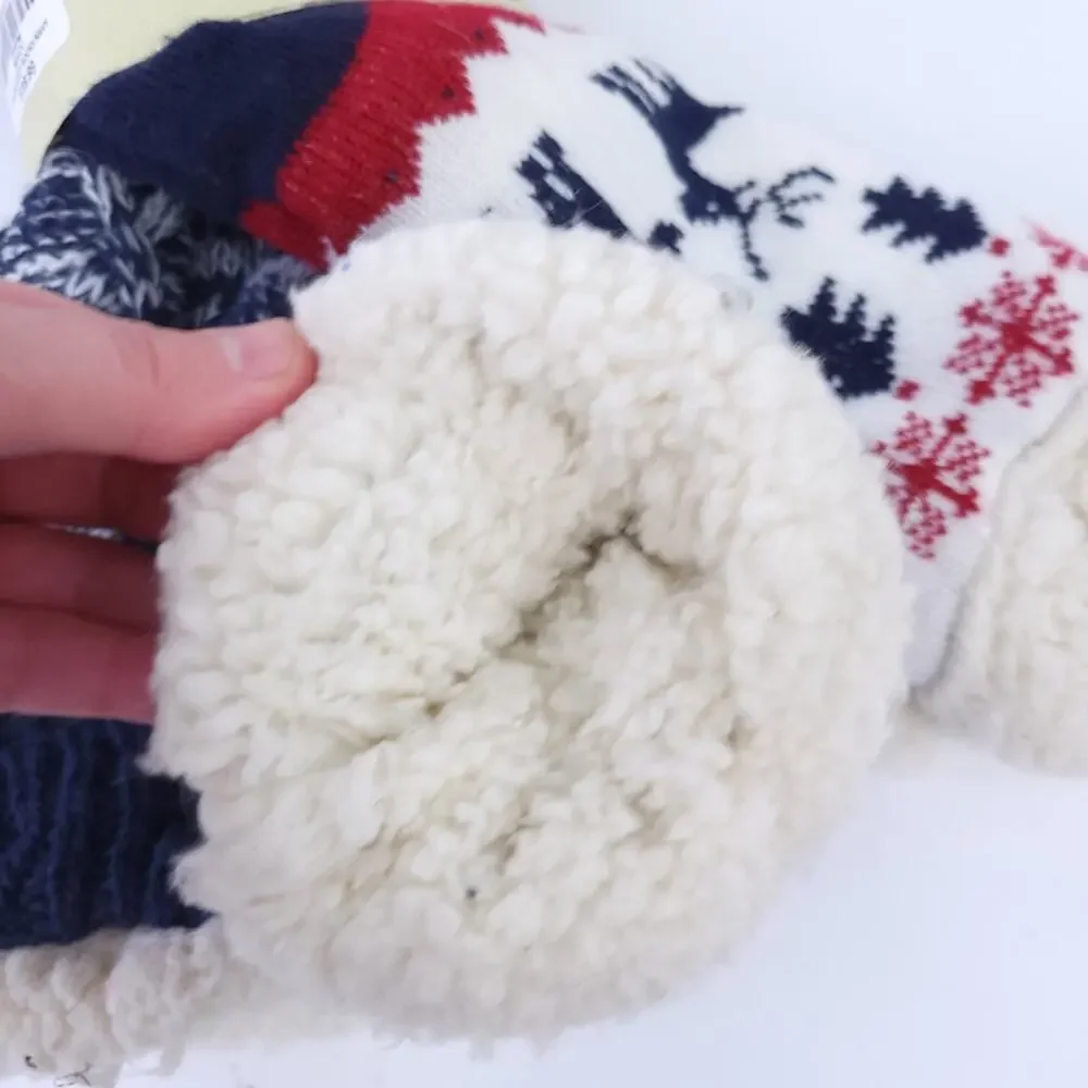 New Natural Reflections 2 Pairs Cozy Socks, Lined, Gripper Bottom, Reindeer 6-10
